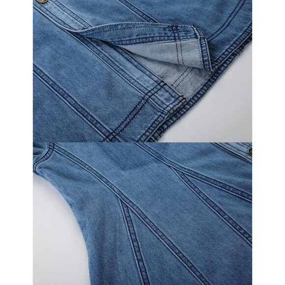 Women's Denim Dress X-Small Casual Long Puff Sleeves Button A-Line - Picture 6 of 8